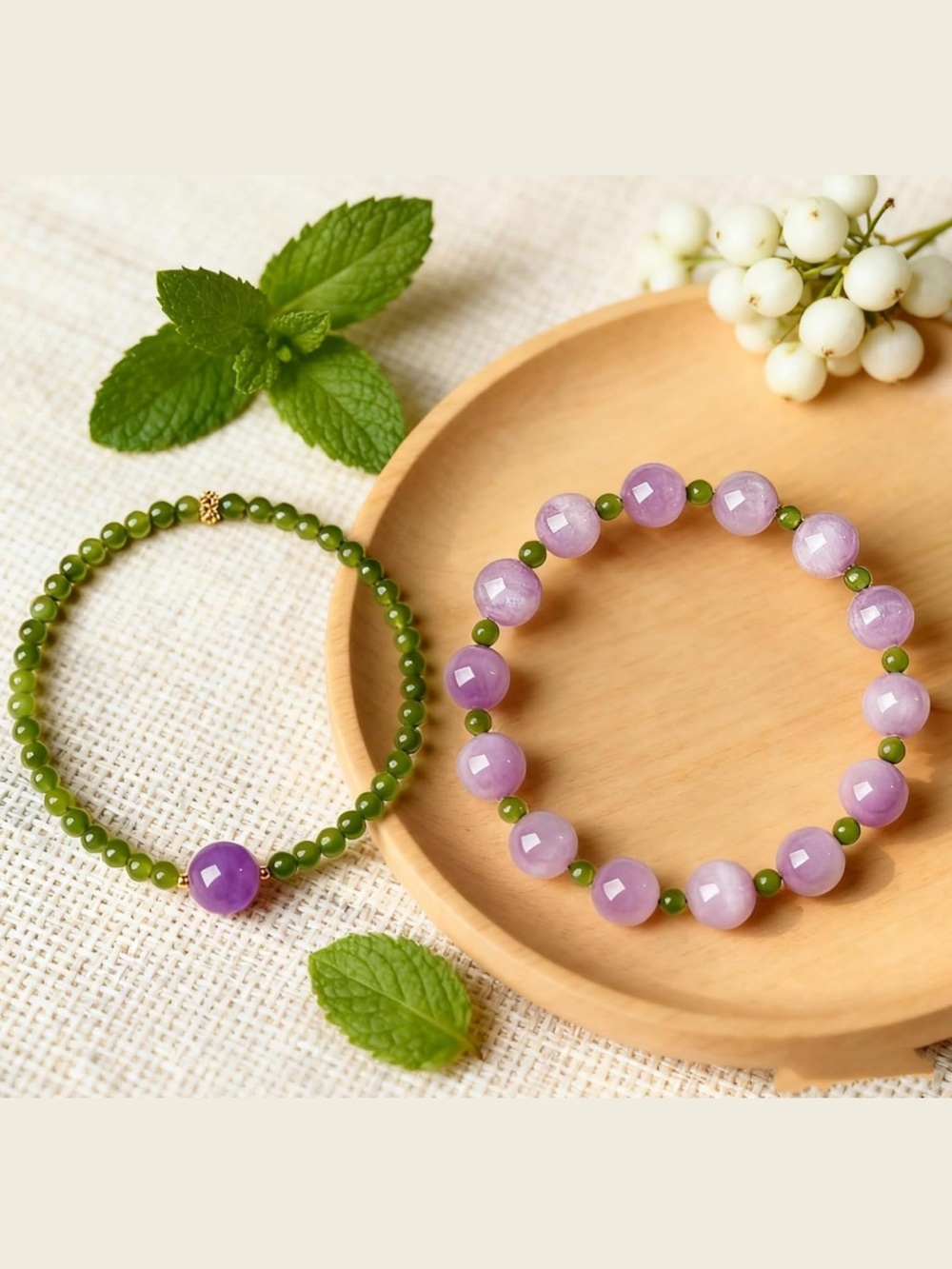 🆕New Natural Gemstone Bracelets, Kunzite and Jade Bead Mix Set 8mm & 4mm